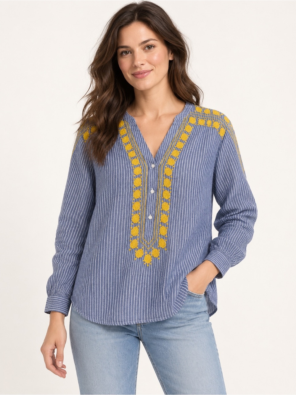 J.Crew 100% Linen Blue Striped Embroidered Long Sleeve Tunic Blouse Size L